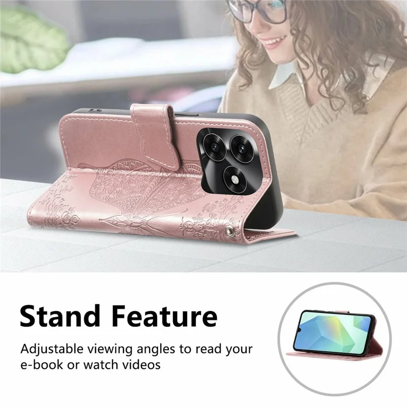 For Honor X5c Plus 4G Case with Strap Butterfly Pattern PU Leather Wallet Phone Cover - Rose Gold