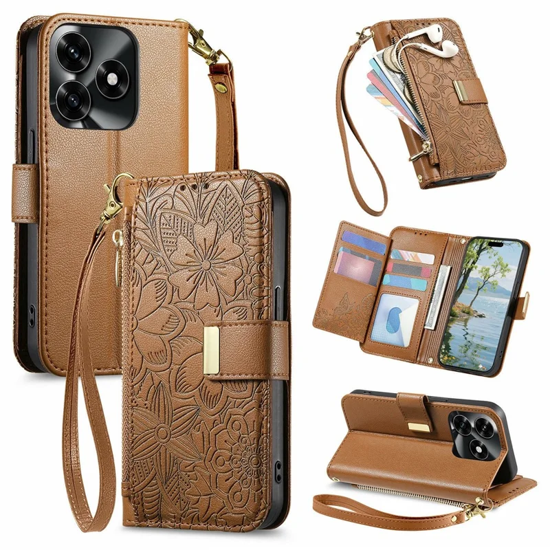Étui pour Honor X5c Plus 4G, motif floral et feuilles, fentes multiples pour cartes, pochette zippée en cuir avec dragonne - Marron