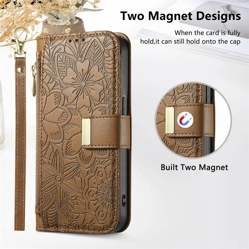 Étui pour Honor X5c Plus 4G, motif floral et feuilles, fentes multiples pour cartes, pochette zippée en cuir avec dragonne - Marron