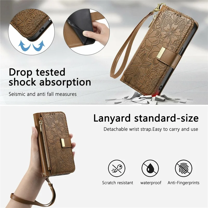 Étui pour Honor X5c Plus 4G, motif floral et feuilles, fentes multiples pour cartes, pochette zippée en cuir avec dragonne - Marron