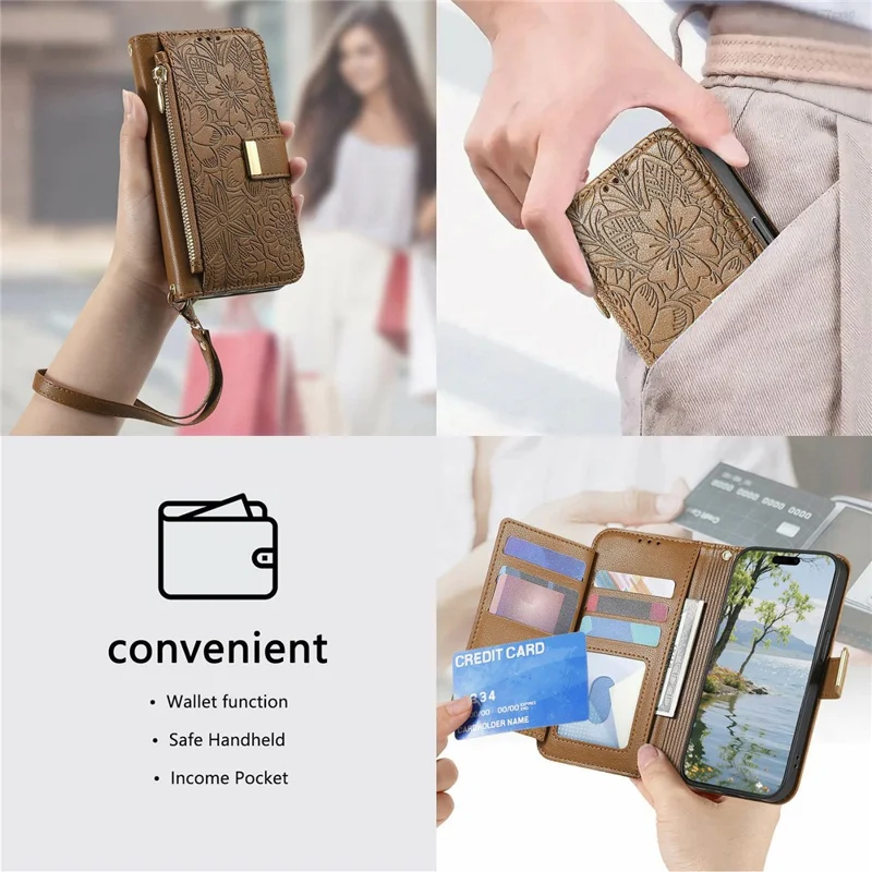 Étui pour Honor X5c Plus 4G, motif floral et feuilles, fentes multiples pour cartes, pochette zippée en cuir avec dragonne - Marron