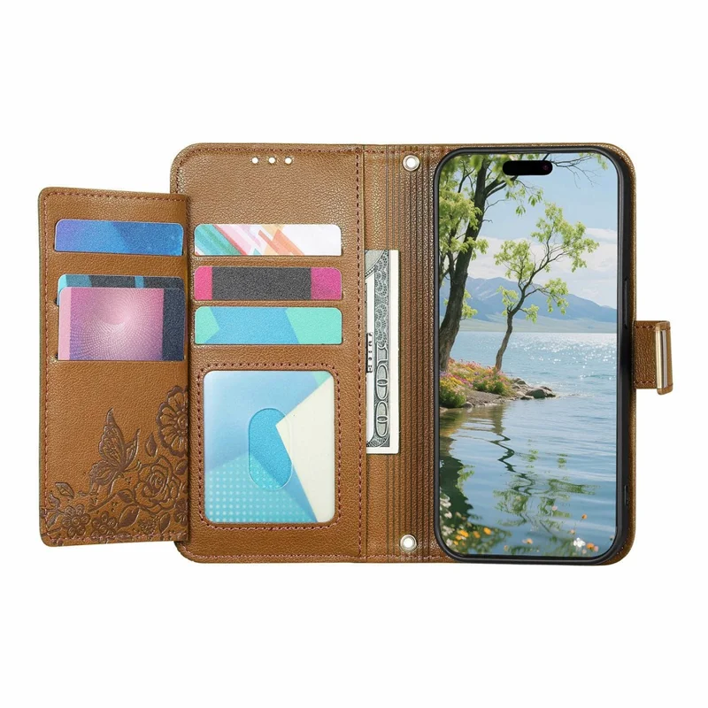 Étui pour Honor X5c Plus 4G, motif floral et feuilles, fentes multiples pour cartes, pochette zippée en cuir avec dragonne - Marron