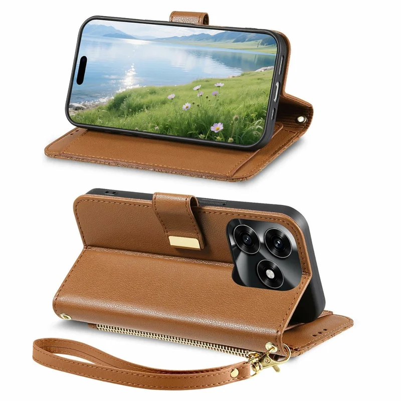 Étui pour Honor X5c Plus 4G, motif floral et feuilles, fentes multiples pour cartes, pochette zippée en cuir avec dragonne - Marron