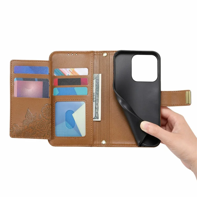 Étui pour Honor X5c Plus 4G, motif floral et feuilles, fentes multiples pour cartes, pochette zippée en cuir avec dragonne - Marron