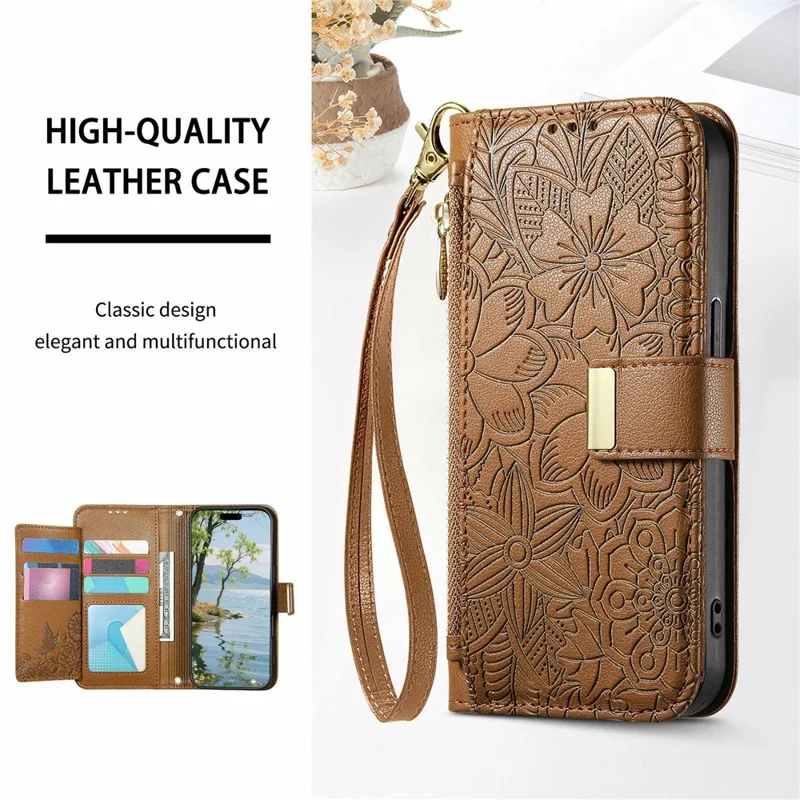 Étui pour Honor X5c Plus 4G, motif floral et feuilles, fentes multiples pour cartes, pochette zippée en cuir avec dragonne - Marron