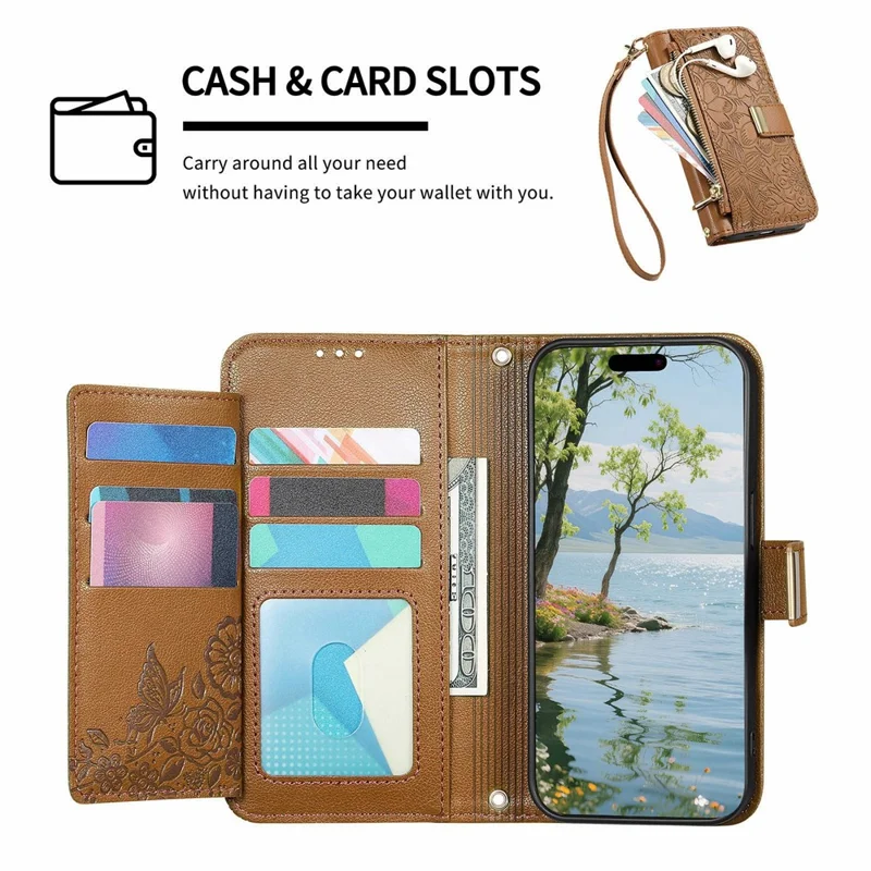 Étui pour Honor X5c Plus 4G, motif floral et feuilles, fentes multiples pour cartes, pochette zippée en cuir avec dragonne - Marron