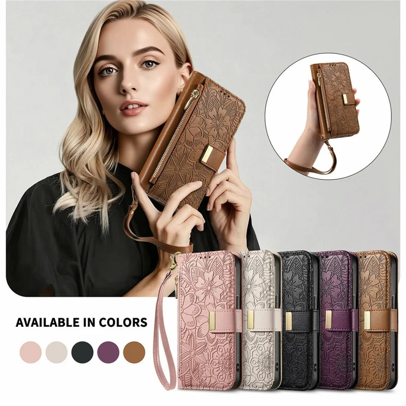 Étui pour Honor X5c Plus 4G, motif floral et feuilles, fentes multiples pour cartes, pochette zippée en cuir avec dragonne - Marron