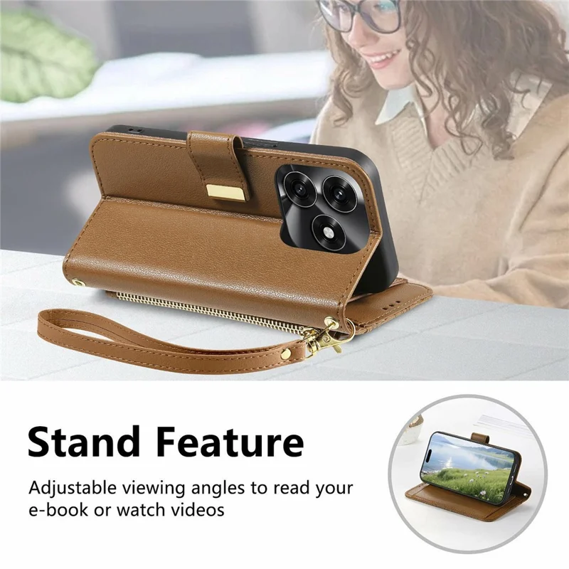 Étui pour Honor X5c Plus 4G, motif floral et feuilles, fentes multiples pour cartes, pochette zippée en cuir avec dragonne - Marron