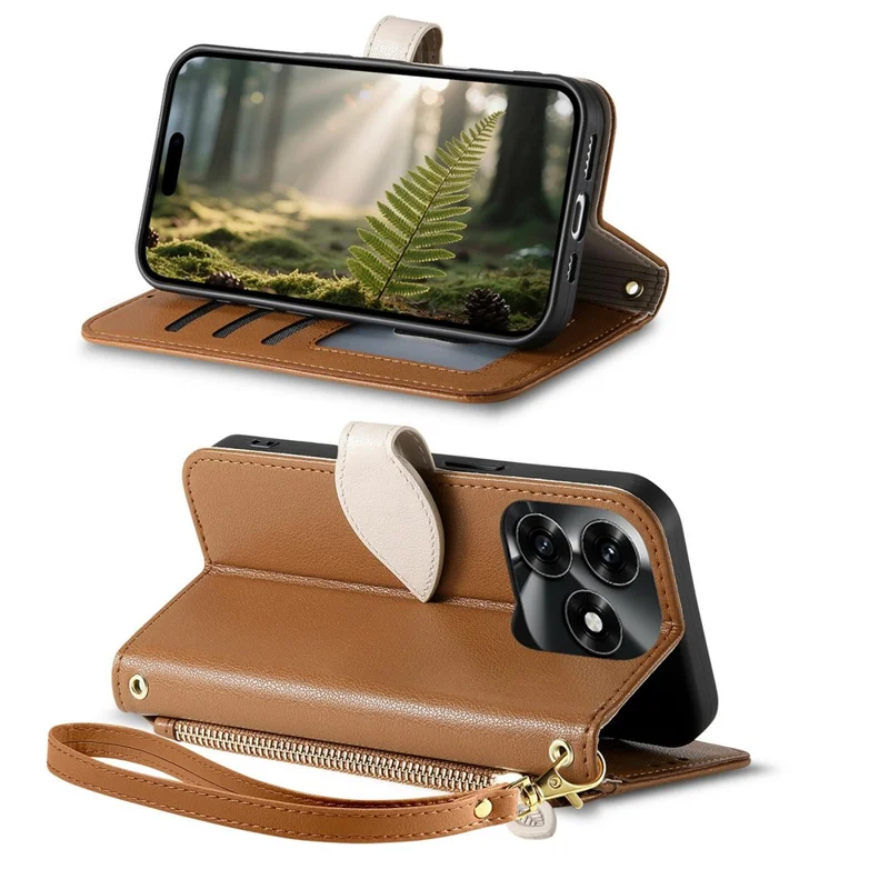 Futerał na Honor X5c Plus 4G z podstawką i magnetycznym zamkiem w kształcie liścia, skórzana obudowa z ręcznym paskiem - Brązowy