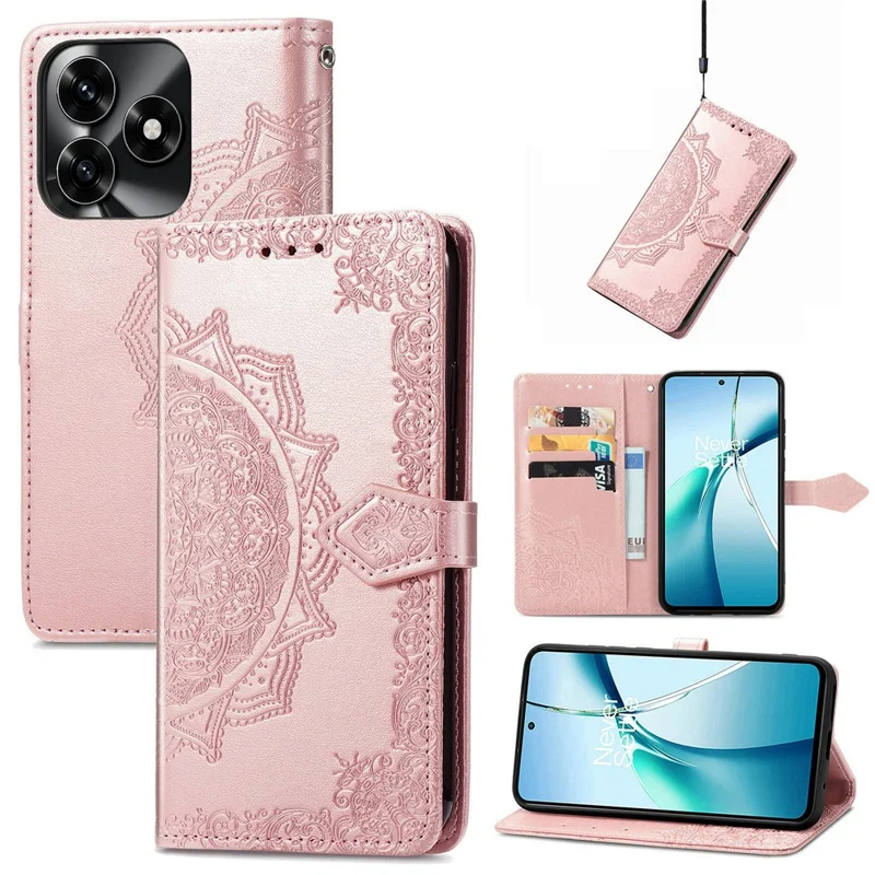 Cover per Honor X5c Plus 4G Portafoglio in Pelle con Motivo Mandala Fiore Supporto - Oro Rosa