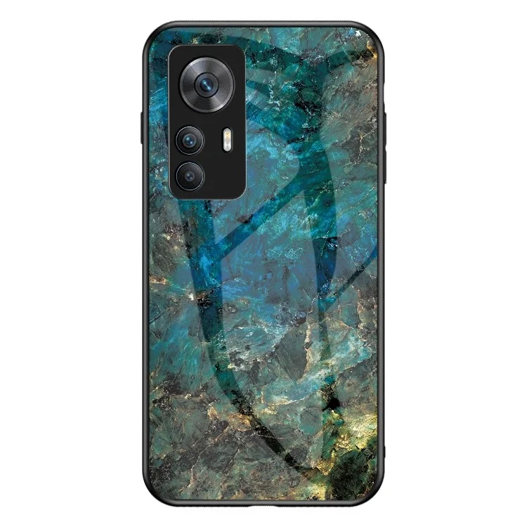 Para Xiaomi Redmi K50 Ultra 5G / 12T 5G Marble Pattern Printing Shockproof Anti-Scratch Case Hard Tempered Glass + PC Back TPU Bumper Protective Phone Cover - Emerald Marble