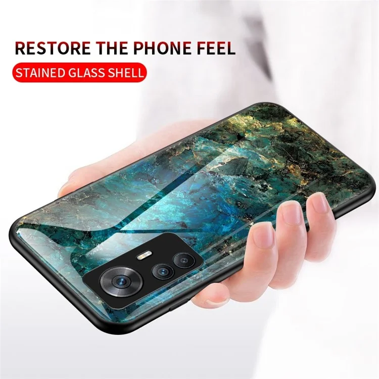 Para Xiaomi Redmi K50 Ultra 5G / 12T 5G Marble Pattern Printing Shockproof Anti-Scratch Case Hard Tempered Glass + PC Back TPU Bumper Protective Phone Cover - Emerald Marble