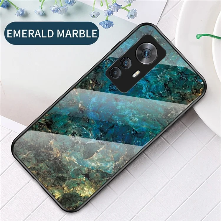 Para Xiaomi Redmi K50 Ultra 5G / 12T 5G Marble Pattern Printing Shockproof Anti-Scratch Case Hard Tempered Glass + PC Back TPU Bumper Protective Phone Cover - Emerald Marble