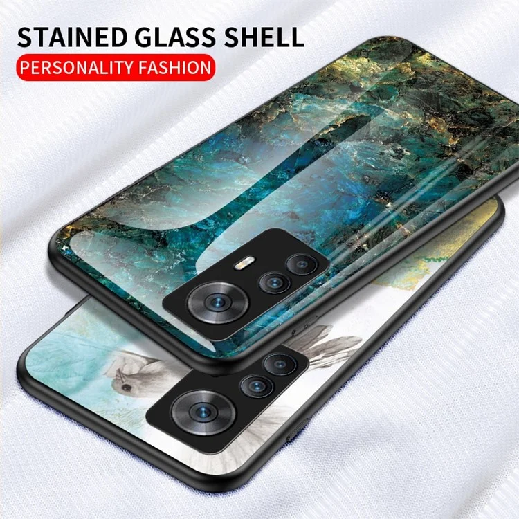Para Xiaomi Redmi K50 Ultra 5G / 12T 5G Marble Pattern Printing Shockproof Anti-Scratch Case Hard Tempered Glass + PC Back TPU Bumper Protective Phone Cover - Emerald Marble