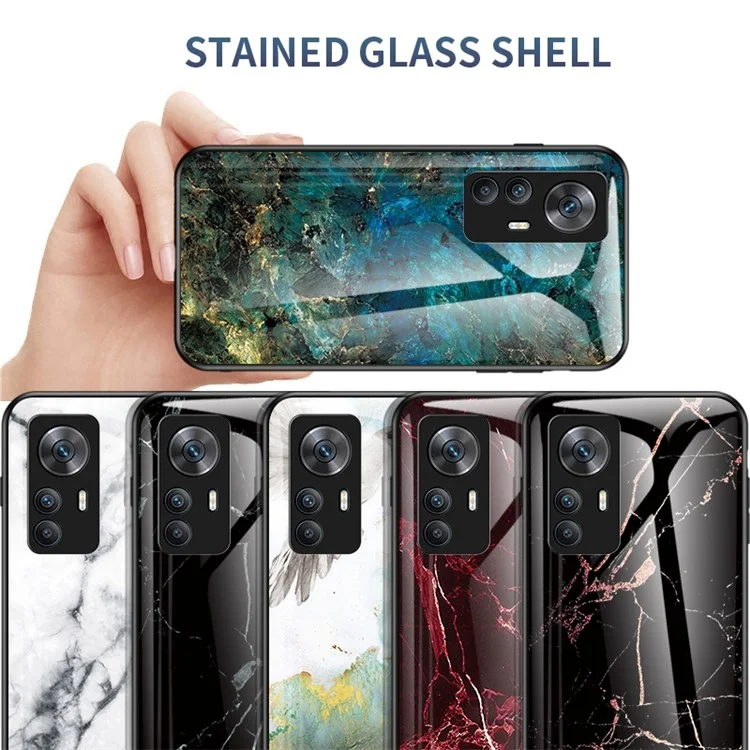 Para Xiaomi Redmi K50 Ultra 5G / 12T 5G Marble Pattern Printing Shockproof Anti-Scratch Case Hard Tempered Glass + PC Back TPU Bumper Protective Phone Cover - Emerald Marble