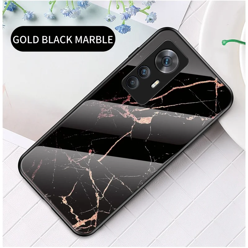 Pour Xiaomi Redmi K50 Ultra 5G / 12T 5G Marble Pattern Printing Shockproof Anti-Scratch Case Hard Tempered Glass + PC Back TPU Bumper Protective Phone Cover - Gold Black Marble