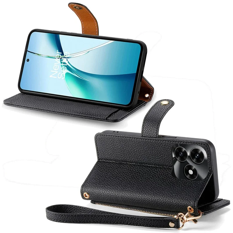 For Honor X5c Plus 4G Case RFID Blocking Zipper Pocket Leather Wallet Phone Cover with Strap - Black