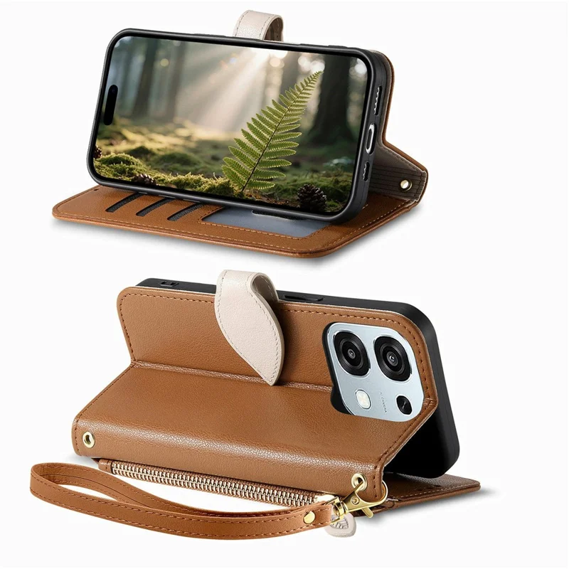 Чехол-подставка для Oppo F31 5G / A6 Pro 5G с листообразной магнитной застежкой, кожаный чехол с ремешком для руки - Коричневый