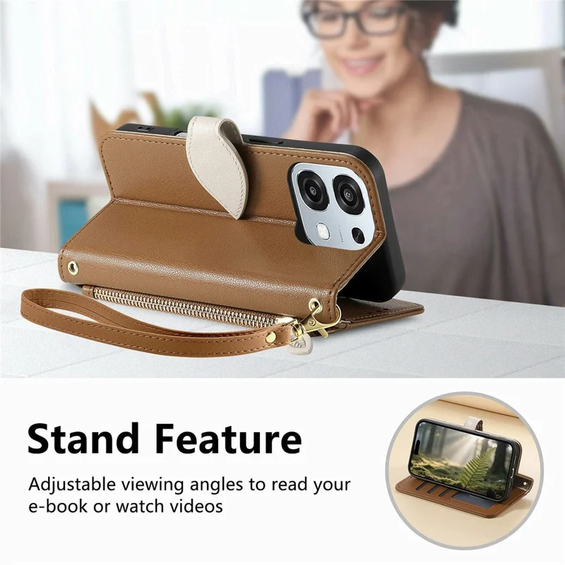 Чехол-подставка для Oppo F31 5G / A6 Pro 5G с листообразной магнитной застежкой, кожаный чехол с ремешком для руки - Коричневый