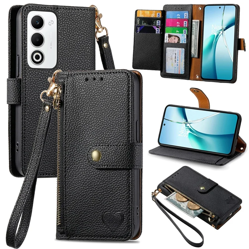 Til Oppo A5 5G Case RFID-blokerende taske med lynlås i læderwallet telefonbeskyttelse med rem - Sort