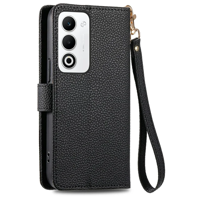 Til Oppo A5 5G Case RFID-blokerende taske med lynlås i læderwallet telefonbeskyttelse med rem - Sort