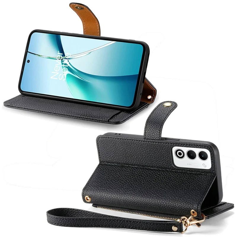 Til Oppo A5 5G Case RFID-blokerende taske med lynlås i læderwallet telefonbeskyttelse med rem - Sort