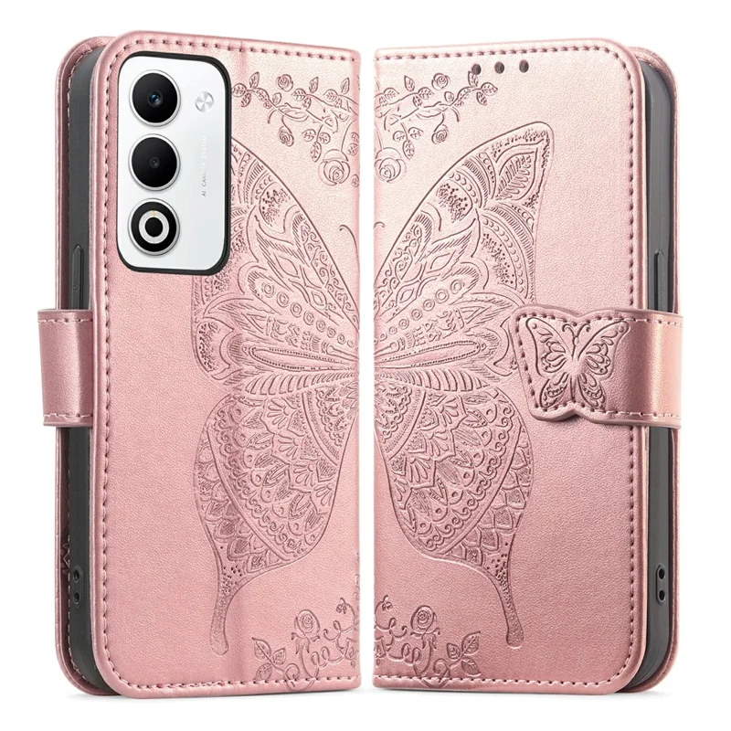 Til Oppo A5 5G hylse med remme og sommerfuglmønster i PU-læder wallet hylse - Rosen guld