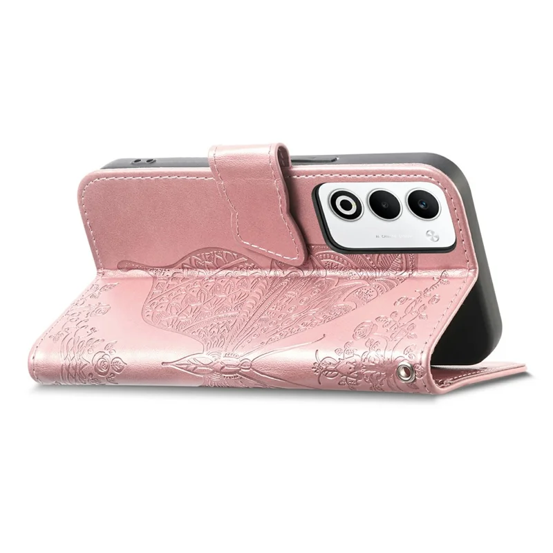 Til Oppo A5 5G hylse med remme og sommerfuglmønster i PU-læder wallet hylse - Rosen guld