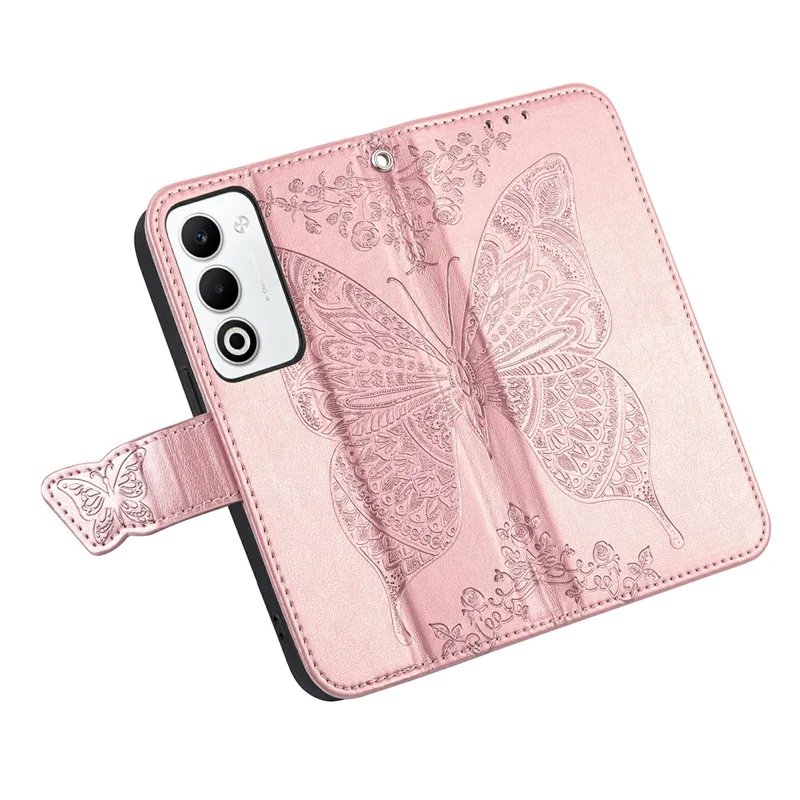 Til Oppo A5 5G hylse med remme og sommerfuglmønster i PU-læder wallet hylse - Rosen guld