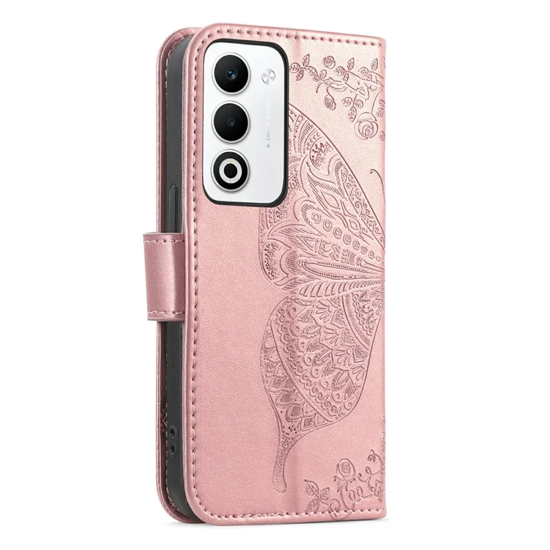 Til Oppo A5 5G hylse med remme og sommerfuglmønster i PU-læder wallet hylse - Rosen guld