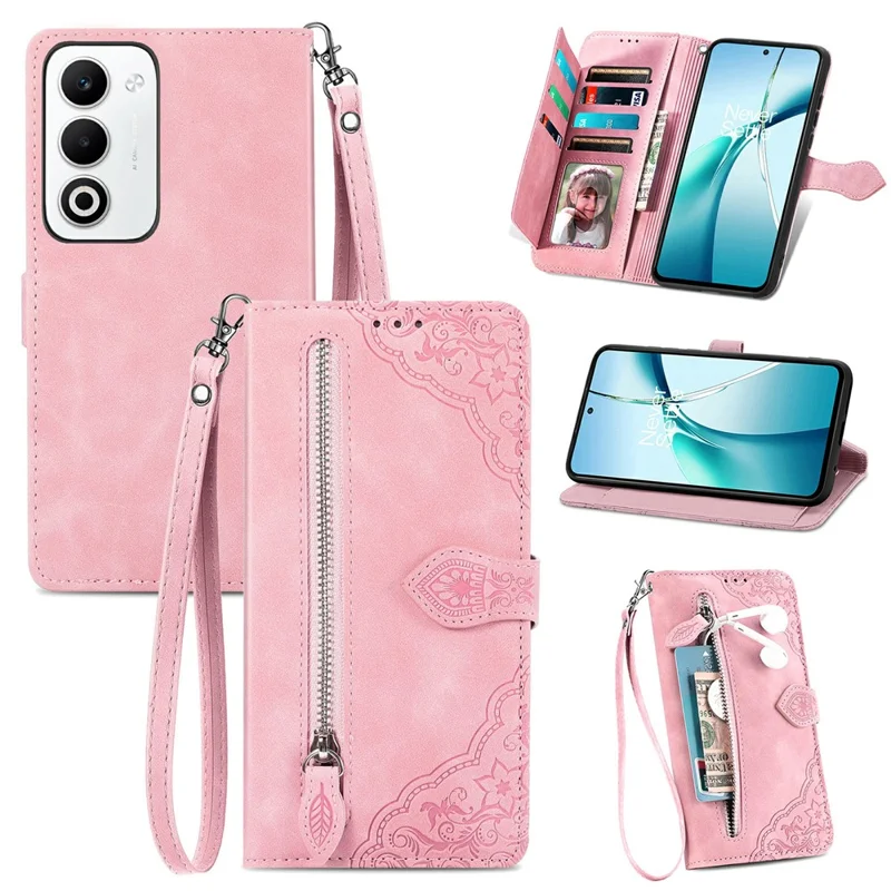 Til Oppo A5 5G Taskærm med lynlås og bøjle, blomstertrykt PU-læder telefonbeskytning - Lyserød