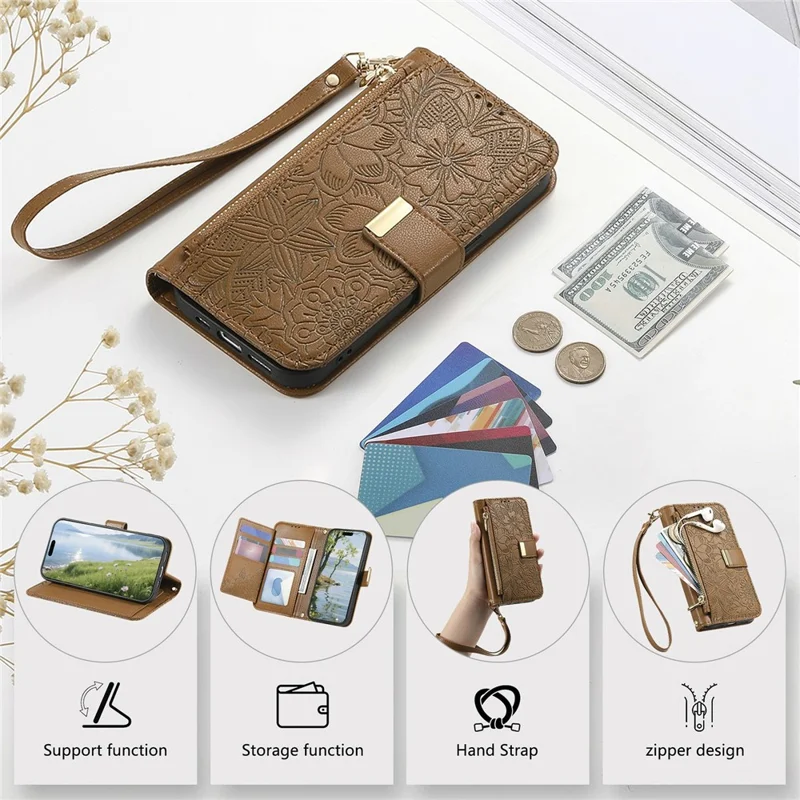 For Honor Magic8 Pro 5G Floral Leaf Buckle Wallet Case Card Holder With Hand Strap Leather Cover - Brown