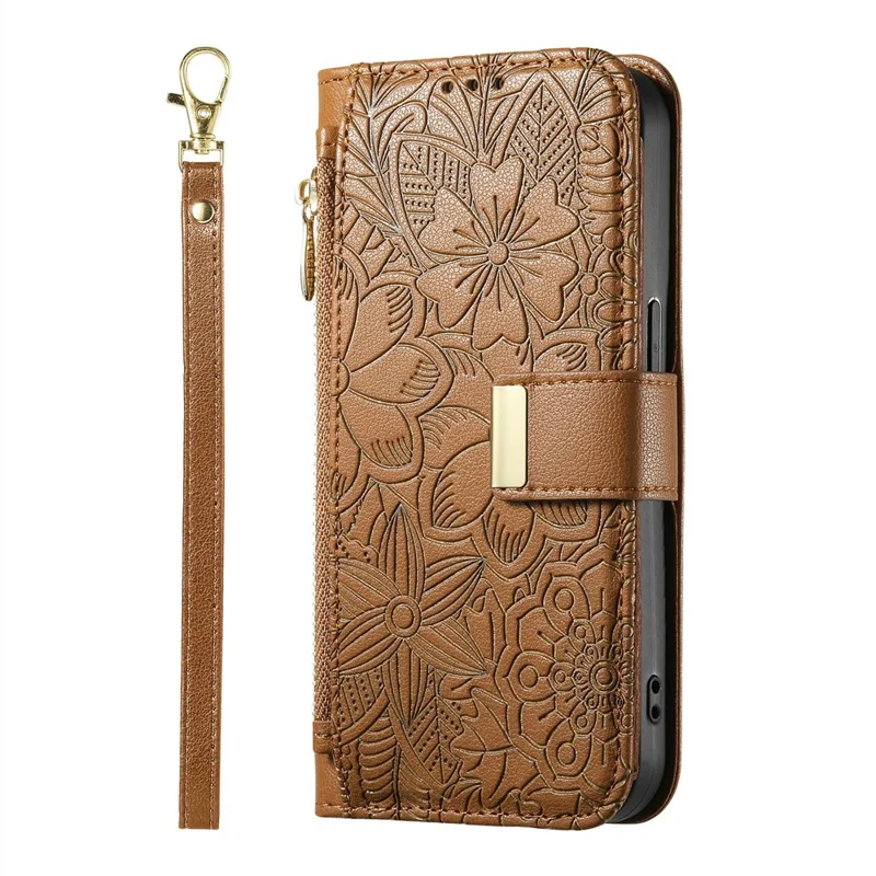 For Honor Magic8 Pro 5G Floral Leaf Buckle Wallet Case Card Holder With Hand Strap Leather Cover - Brown