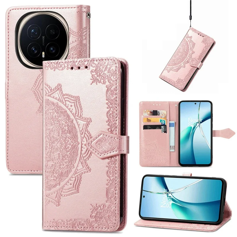 غطاء Honor Magic8 5G مع محفظة وتصميم زهرة ماندالا من الجلد وحامل عرض - ذهبي وردي
