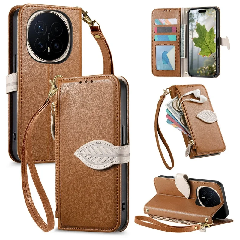 Für Honor Magic8 5G Ständerhülle mit Blattförmigem Magnetverschluss aus Leder mit Handschlaufe - Braun