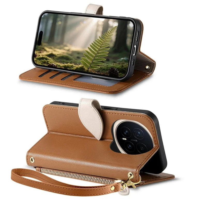 Für Honor Magic8 5G Ständerhülle mit Blattförmigem Magnetverschluss aus Leder mit Handschlaufe - Braun