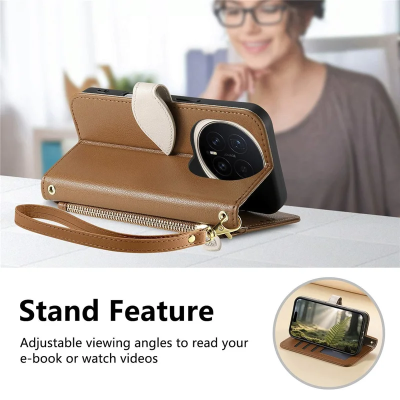 Für Honor Magic8 5G Ständerhülle mit Blattförmigem Magnetverschluss aus Leder mit Handschlaufe - Braun