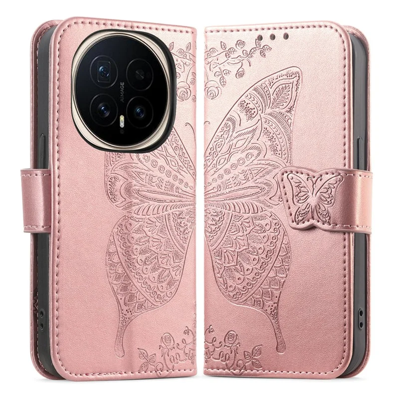For Honor Magic8 5G Case with Strap Butterfly Pattern PU Leather Wallet Phone Cover - Rose Gold