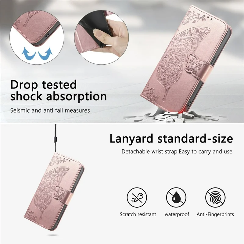 For Honor Magic8 5G Case with Strap Butterfly Pattern PU Leather Wallet Phone Cover - Rose Gold