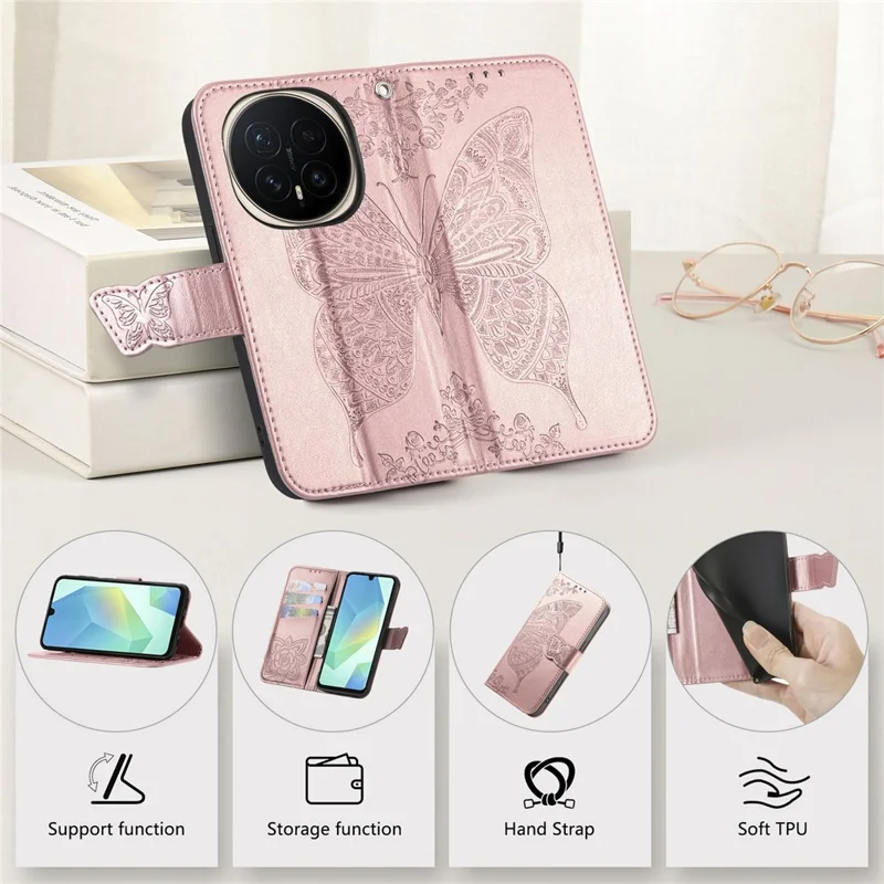 For Honor Magic8 5G Case with Strap Butterfly Pattern PU Leather Wallet Phone Cover - Rose Gold