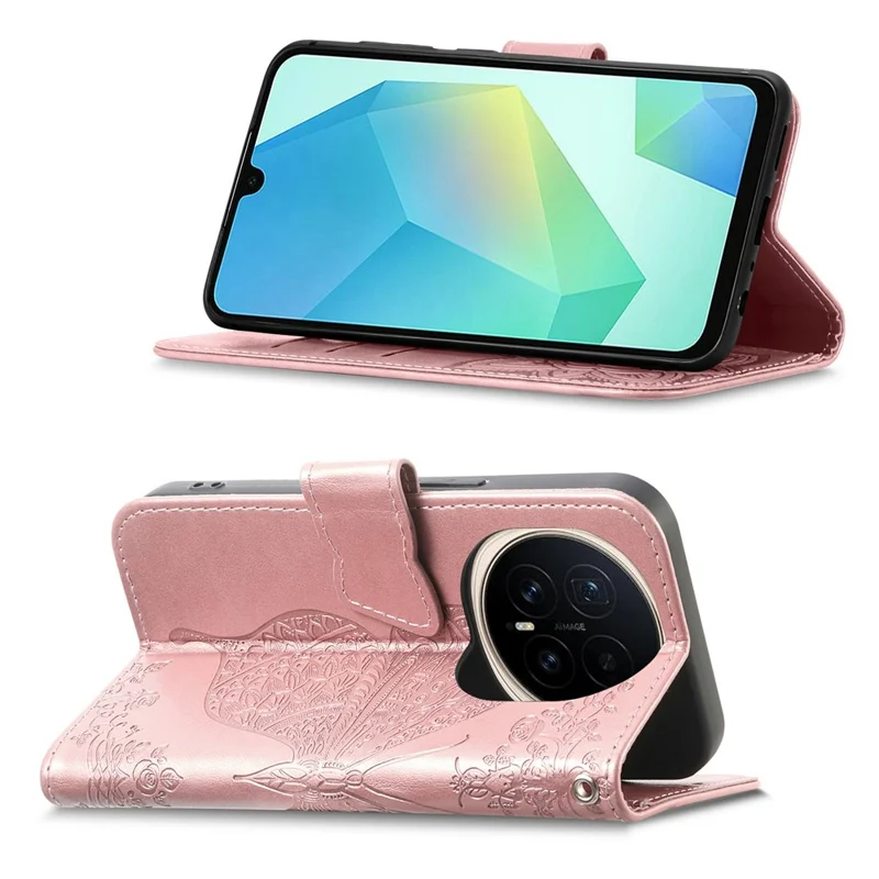 For Honor Magic8 5G Case with Strap Butterfly Pattern PU Leather Wallet Phone Cover - Rose Gold