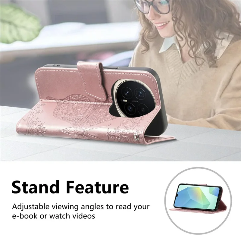 For Honor Magic8 5G Case with Strap Butterfly Pattern PU Leather Wallet Phone Cover - Rose Gold