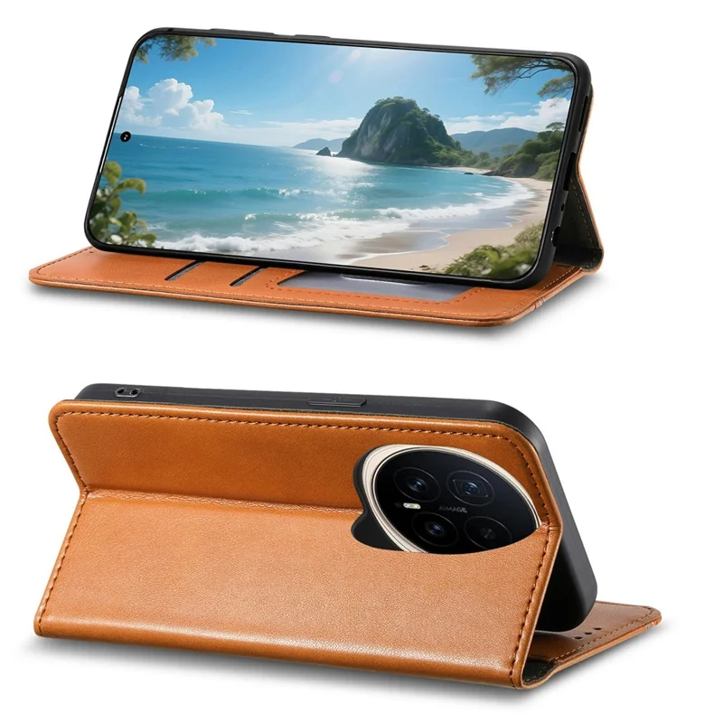 Für Honor Magic8 5G Hülle Brieftasche Dreifarbige Nähte Ledertelefonhülle mit elastischem Handgelenkband - Braun