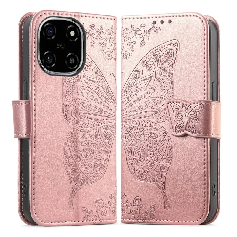 For Blackview Color 6 Case with Strap Butterfly Pattern PU Leather Wallet Phone Cover - Rose Gold