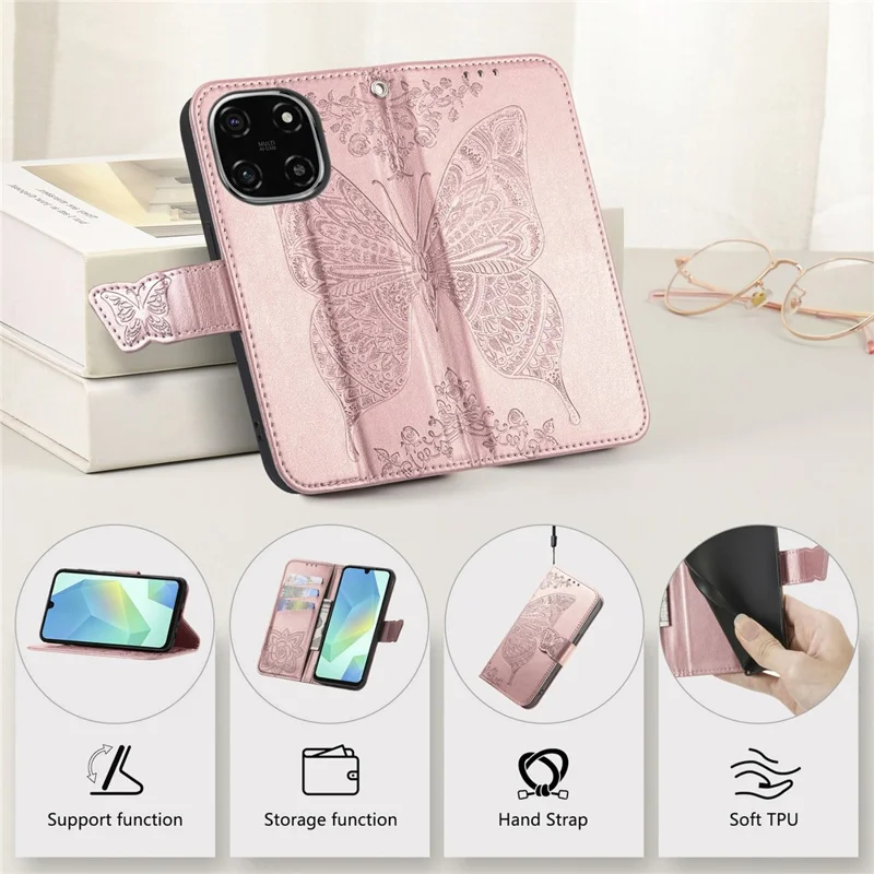 For Blackview Color 6 Case with Strap Butterfly Pattern PU Leather Wallet Phone Cover - Rose Gold