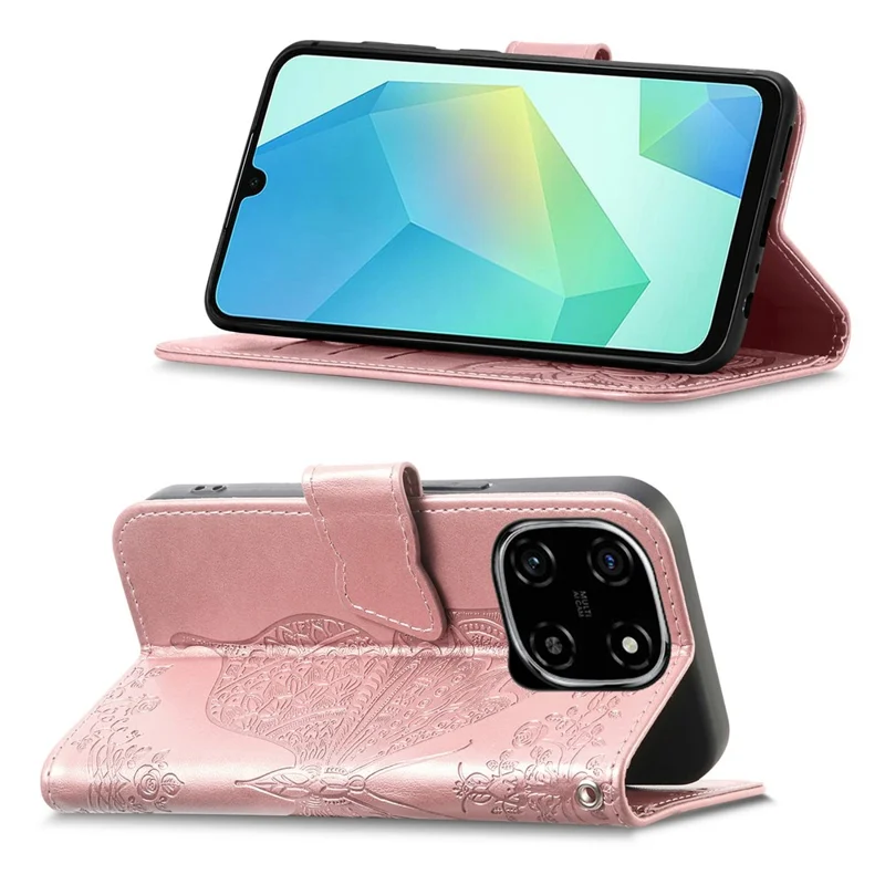 For Blackview Color 6 Case with Strap Butterfly Pattern PU Leather Wallet Phone Cover - Rose Gold