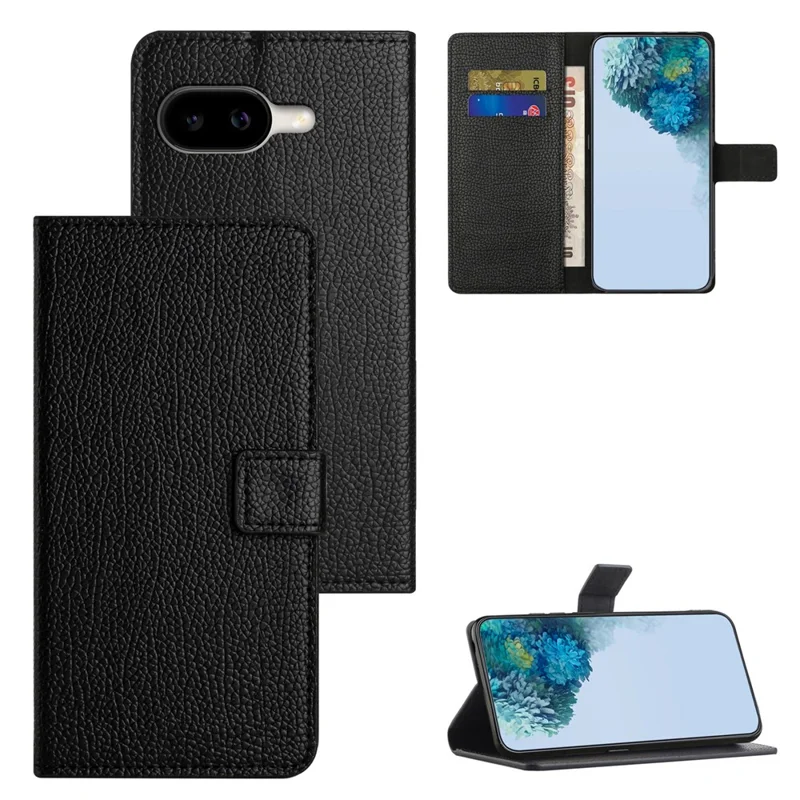 For Google Pixel 10a Case PU Leather Wallet Phone Cover Litchi Texture, Black