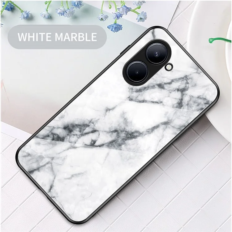 Para Realme C33 2023 4G / C33 4G Non-Slip Tempered Glass Marble Pattern Printing Phone Case Hard PC TPU Frame hock Absorption Cover - Mármol Blanco