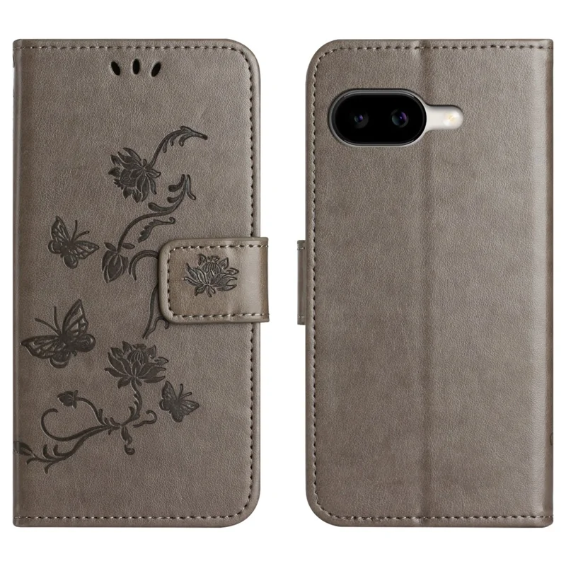 For Google Pixel 10a Case Wallet Stand Imprinted Butterfly Flower PU Leather Phone Cover - Grey