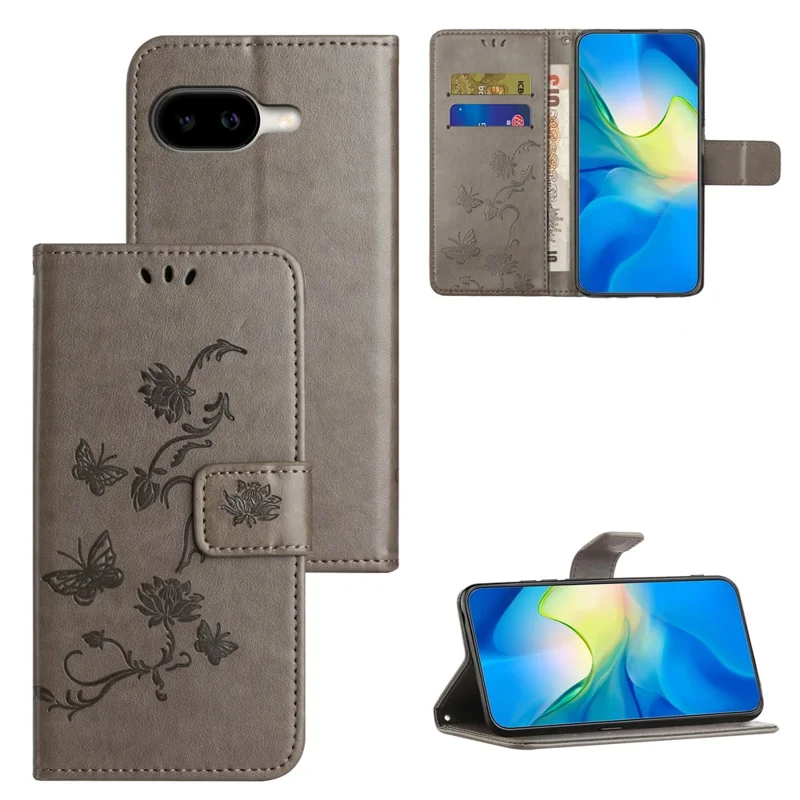 For Google Pixel 10a Case Wallet Stand Imprinted Butterfly Flower PU Leather Phone Cover - Grey